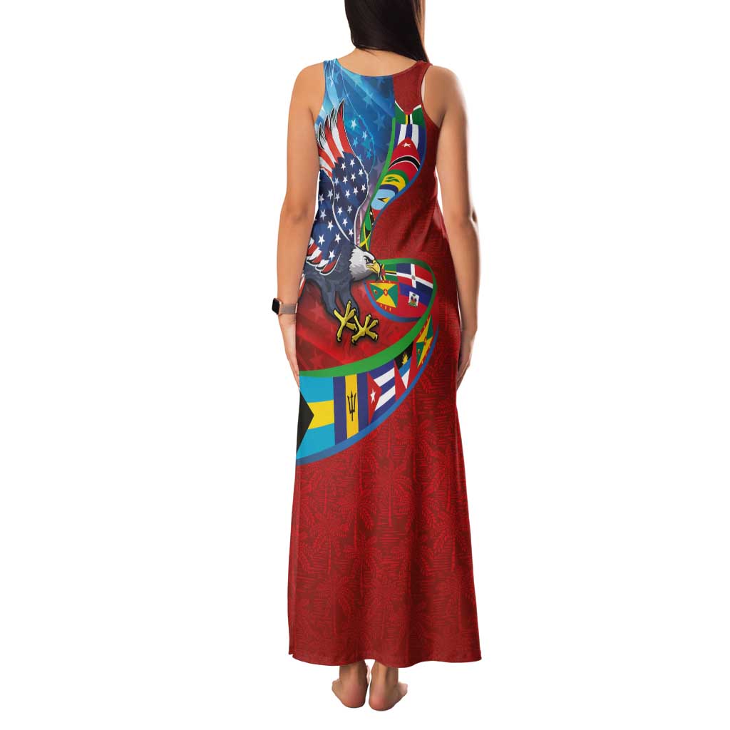 Caribbean-American Heritage Month Family Matching Tank Maxi Dress and Hawaiian Shirt National Flags Ribbon Wave Style with US Flag Eagle - Wonder Print Shop