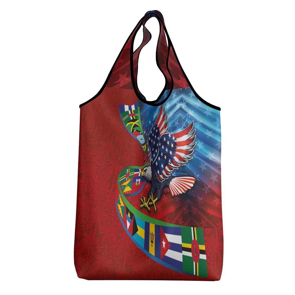 Caribbean-American Heritage Month Grocery Bag National Flags Ribbon Wave Style with US Flag Eagle - Wonder Print Shop
