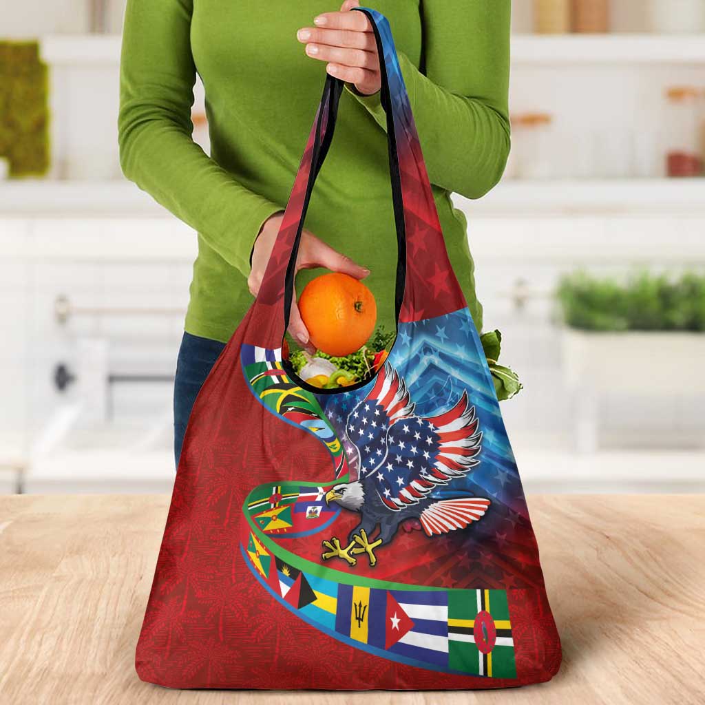 Caribbean-American Heritage Month Grocery Bag National Flags Ribbon Wave Style with US Flag Eagle - Wonder Print Shop