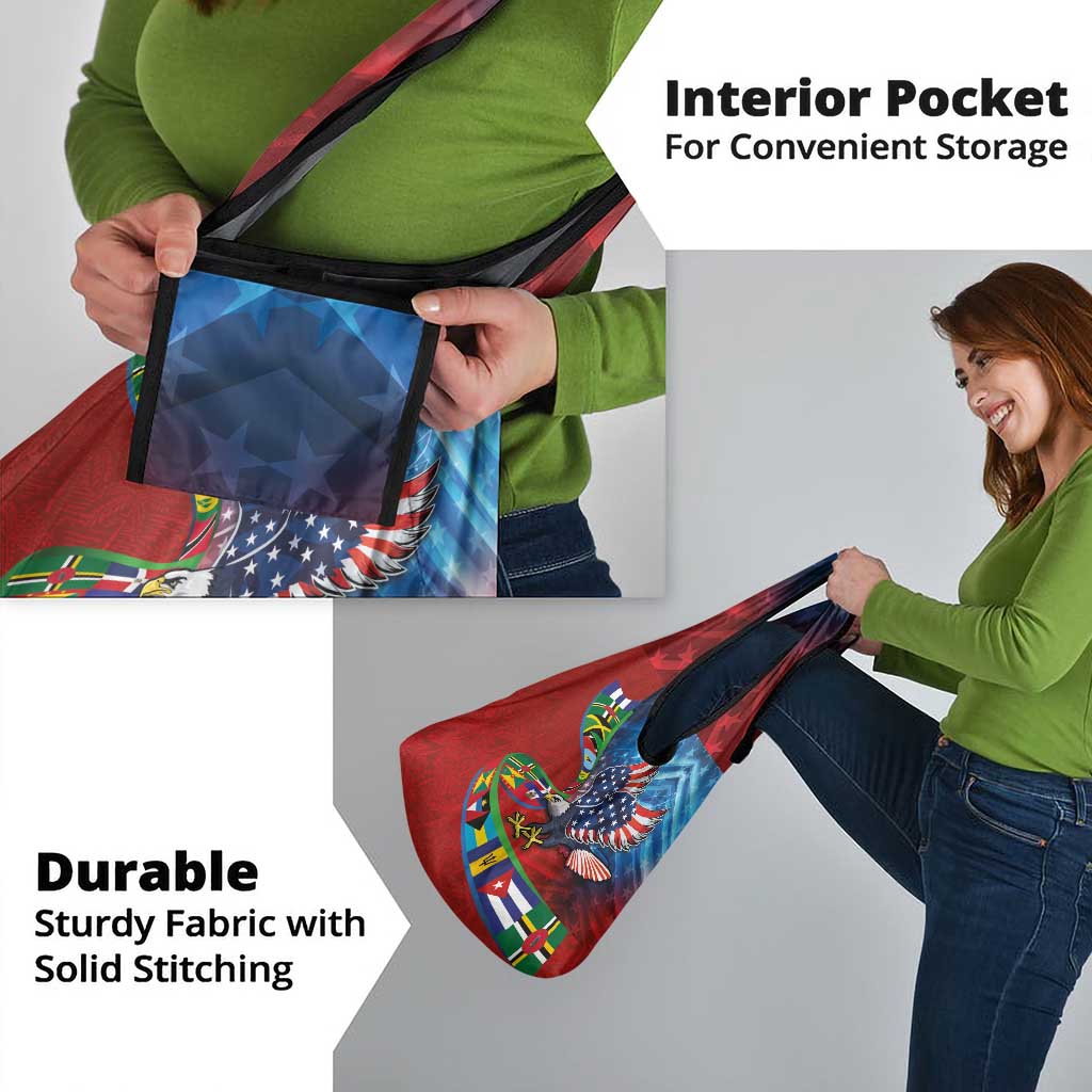 Caribbean-American Heritage Month Grocery Bag National Flags Ribbon Wave Style with US Flag Eagle - Wonder Print Shop