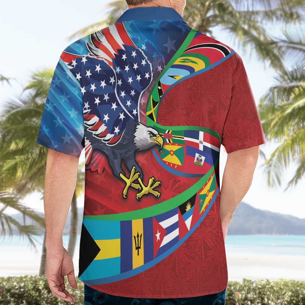 Caribbean-American Heritage Month Hawaiian Shirt National Flags Ribbon Wave Style with US Flag Eagle - Wonder Print Shop