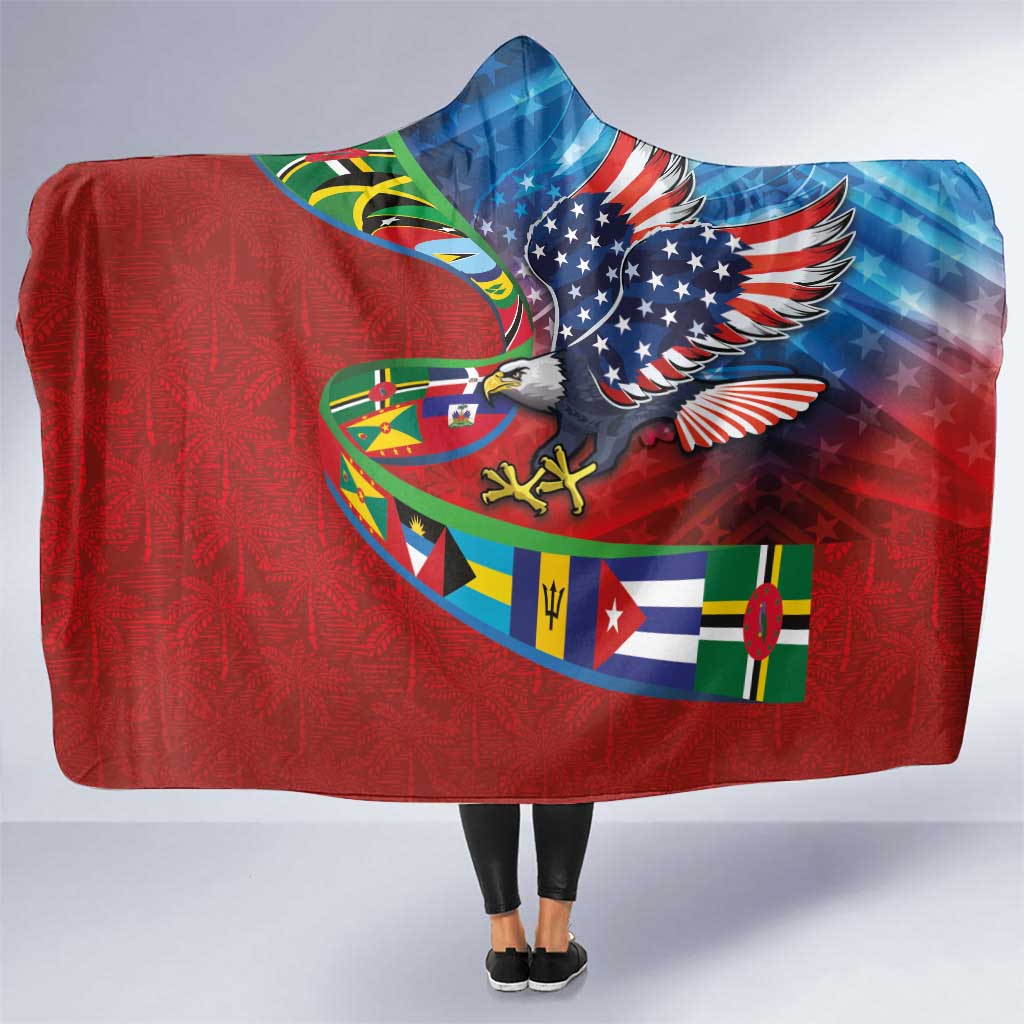 Caribbean-American Heritage Month Hooded Blanket National Flags Ribbon Wave Style with US Flag Eagle - Wonder Print Shop