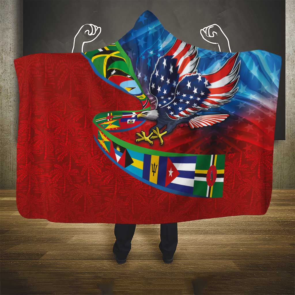 Caribbean-American Heritage Month Hooded Blanket National Flags Ribbon Wave Style with US Flag Eagle - Wonder Print Shop