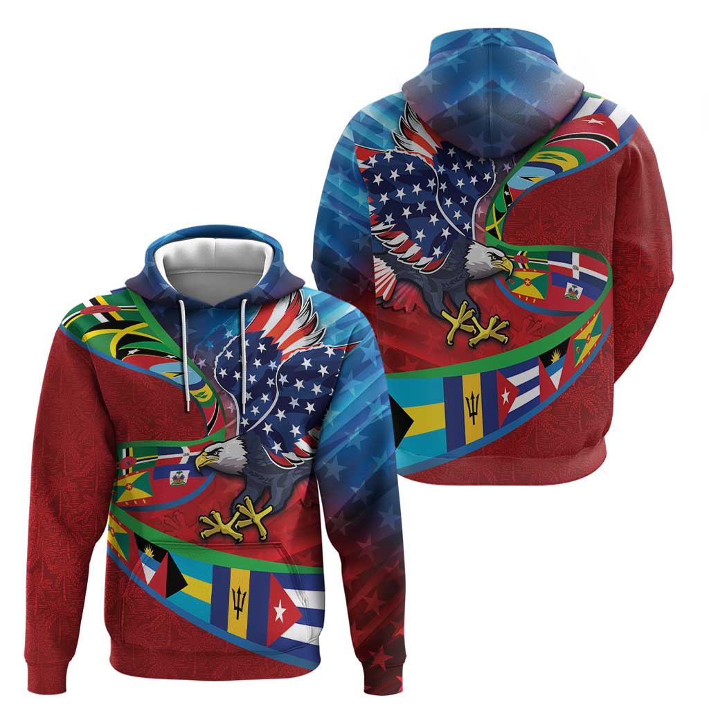 Caribbean-American Heritage Month Hoodie National Flags Ribbon Wave Style with US Flag Eagle - Wonder Print Shop
