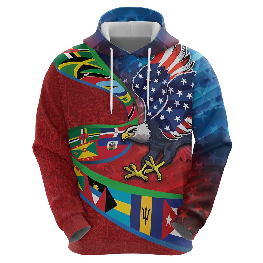 Caribbean-American Heritage Month Hoodie National Flags Ribbon Wave Style with US Flag Eagle - Wonder Print Shop