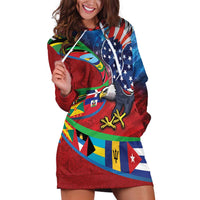 Caribbean-American Heritage Month Hoodie Dress National Flags Ribbon Wave Style with US Flag Eagle - Wonder Print Shop