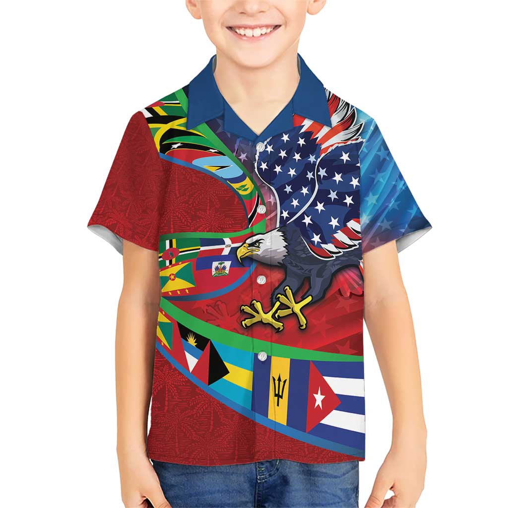Caribbean-American Heritage Month Kid Hawaiian Shirt National Flags Ribbon Wave Style with US Flag Eagle - Wonder Print Shop
