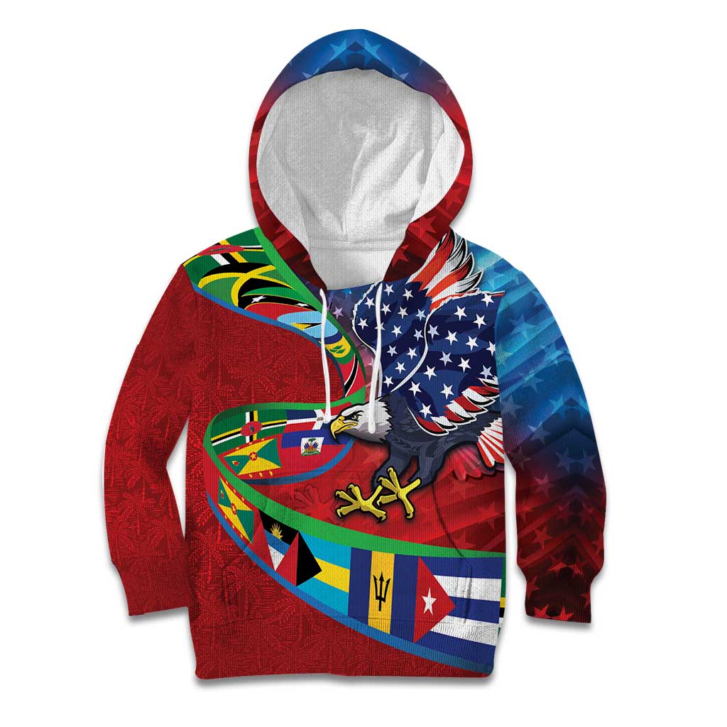 Caribbean-American Heritage Month Kid Hoodie National Flags Ribbon Wave Style with US Flag Eagle - Wonder Print Shop