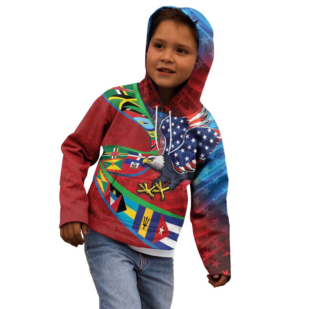 Caribbean-American Heritage Month Kid Hoodie National Flags Ribbon Wave Style with US Flag Eagle - Wonder Print Shop