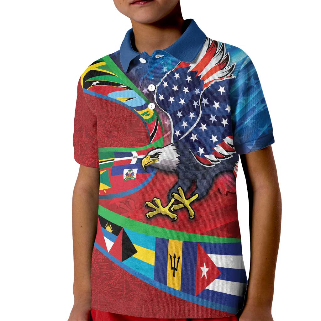 Caribbean-American Heritage Month Kid Polo Shirt National Flags Ribbon Wave Style with US Flag Eagle - Wonder Print Shop