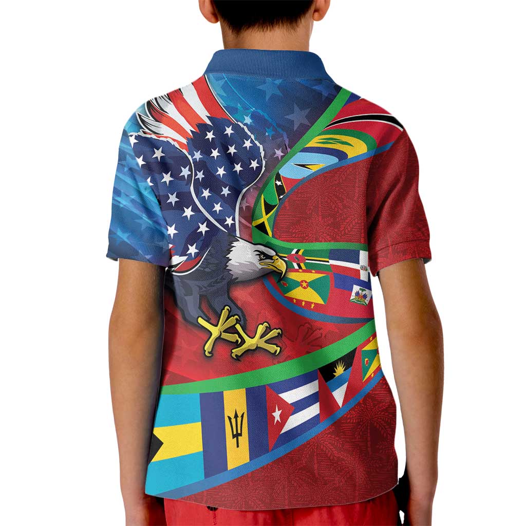 Caribbean-American Heritage Month Kid Polo Shirt National Flags Ribbon Wave Style with US Flag Eagle - Wonder Print Shop