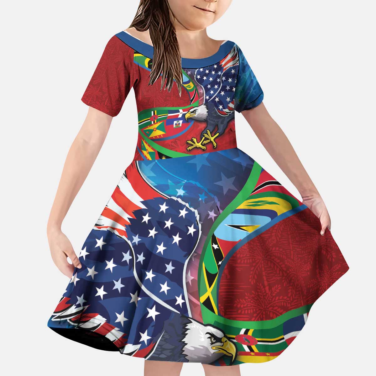 Caribbean-American Heritage Month Kid Short Sleeve Dress National Flags Ribbon Wave Style with US Flag Eagle - Wonder Print Shop