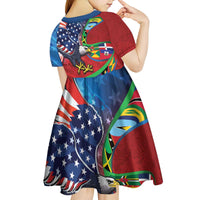 Caribbean-American Heritage Month Kid Short Sleeve Dress National Flags Ribbon Wave Style with US Flag Eagle - Wonder Print Shop