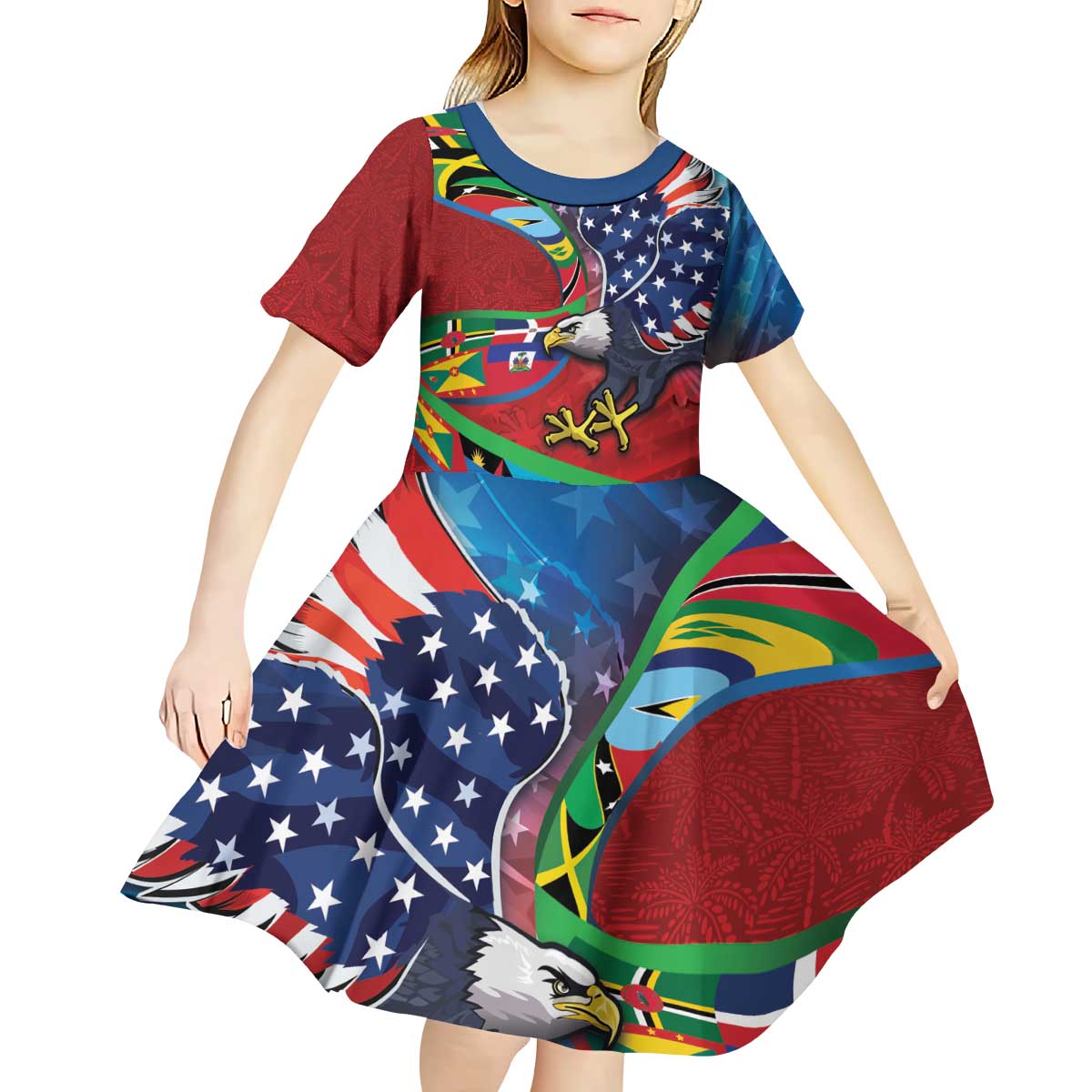 Caribbean-American Heritage Month Kid Short Sleeve Dress National Flags Ribbon Wave Style with US Flag Eagle - Wonder Print Shop