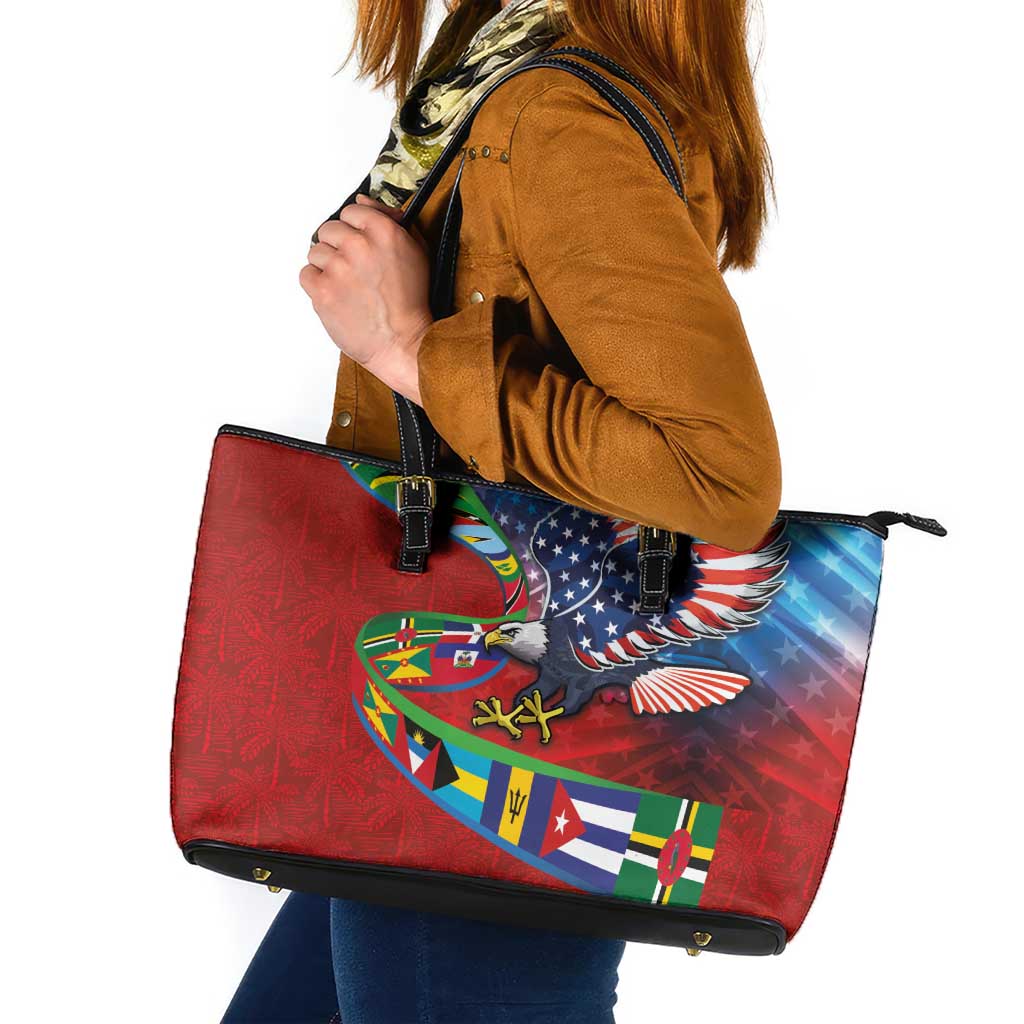 Caribbean-American Heritage Month Leather Tote Bag National Flags Ribbon Wave Style with US Flag Eagle - Wonder Print Shop