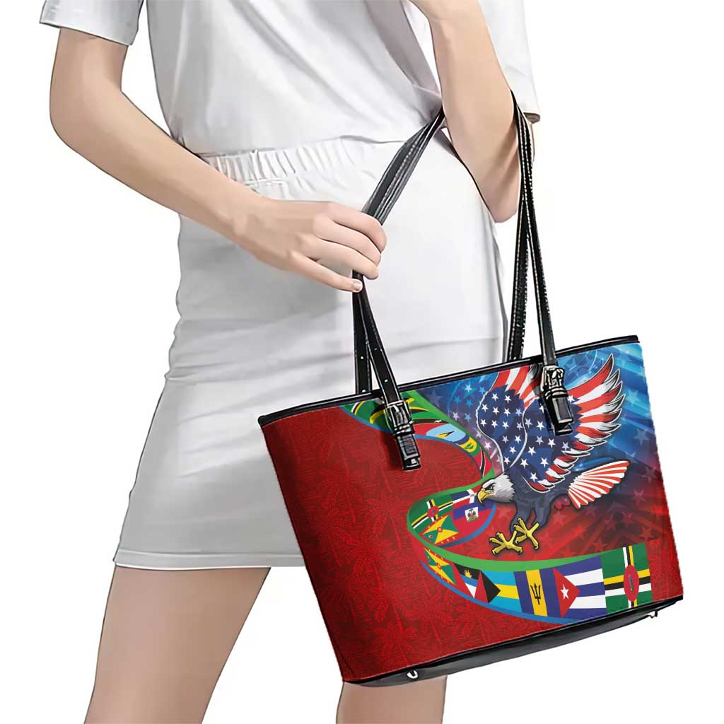 Caribbean-American Heritage Month Leather Tote Bag National Flags Ribbon Wave Style with US Flag Eagle - Wonder Print Shop