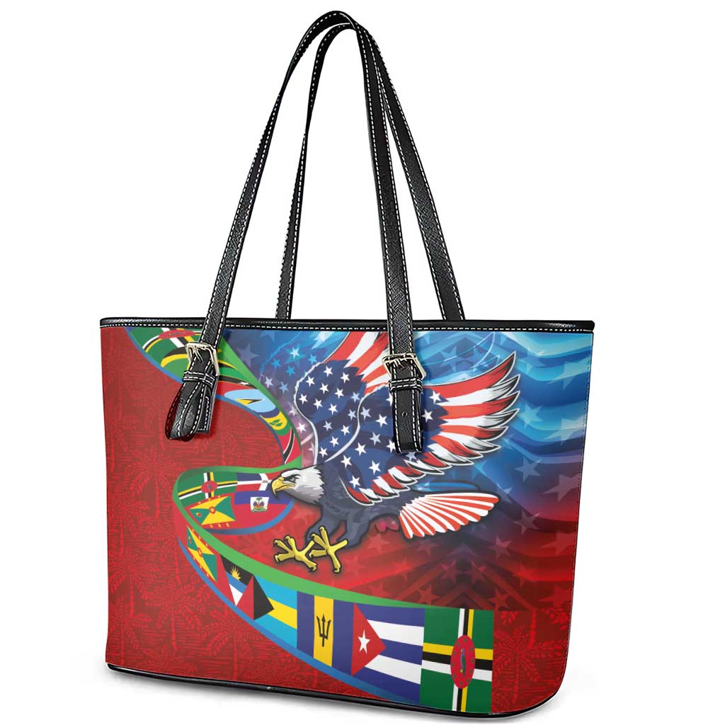 Caribbean-American Heritage Month Leather Tote Bag National Flags Ribbon Wave Style with US Flag Eagle - Wonder Print Shop