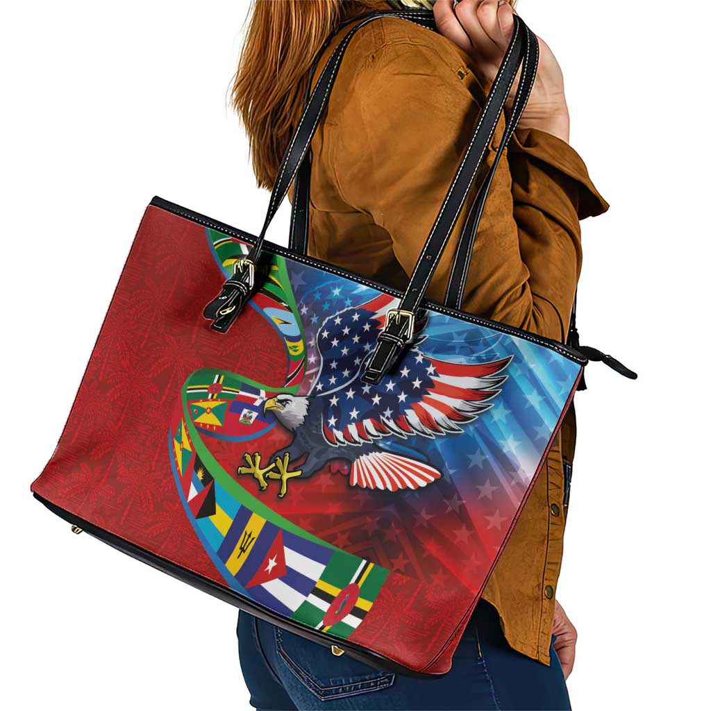 Caribbean-American Heritage Month Leather Tote Bag National Flags Ribbon Wave Style with US Flag Eagle - Wonder Print Shop