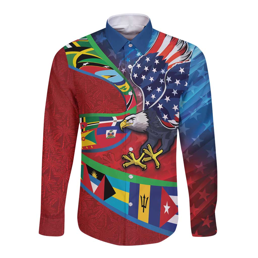 Caribbean-American Heritage Month Long Sleeve Button Shirt National Flags Ribbon Wave Style with US Flag Eagle - Wonder Print Shop