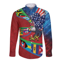 Caribbean-American Heritage Month Long Sleeve Button Shirt National Flags Ribbon Wave Style with US Flag Eagle - Wonder Print Shop