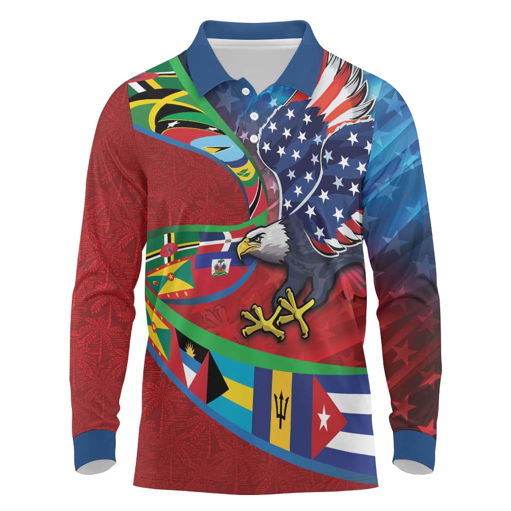 Caribbean-American Heritage Month Long Sleeve Polo Shirt National Flags Ribbon Wave Style with US Flag Eagle - Wonder Print Shop