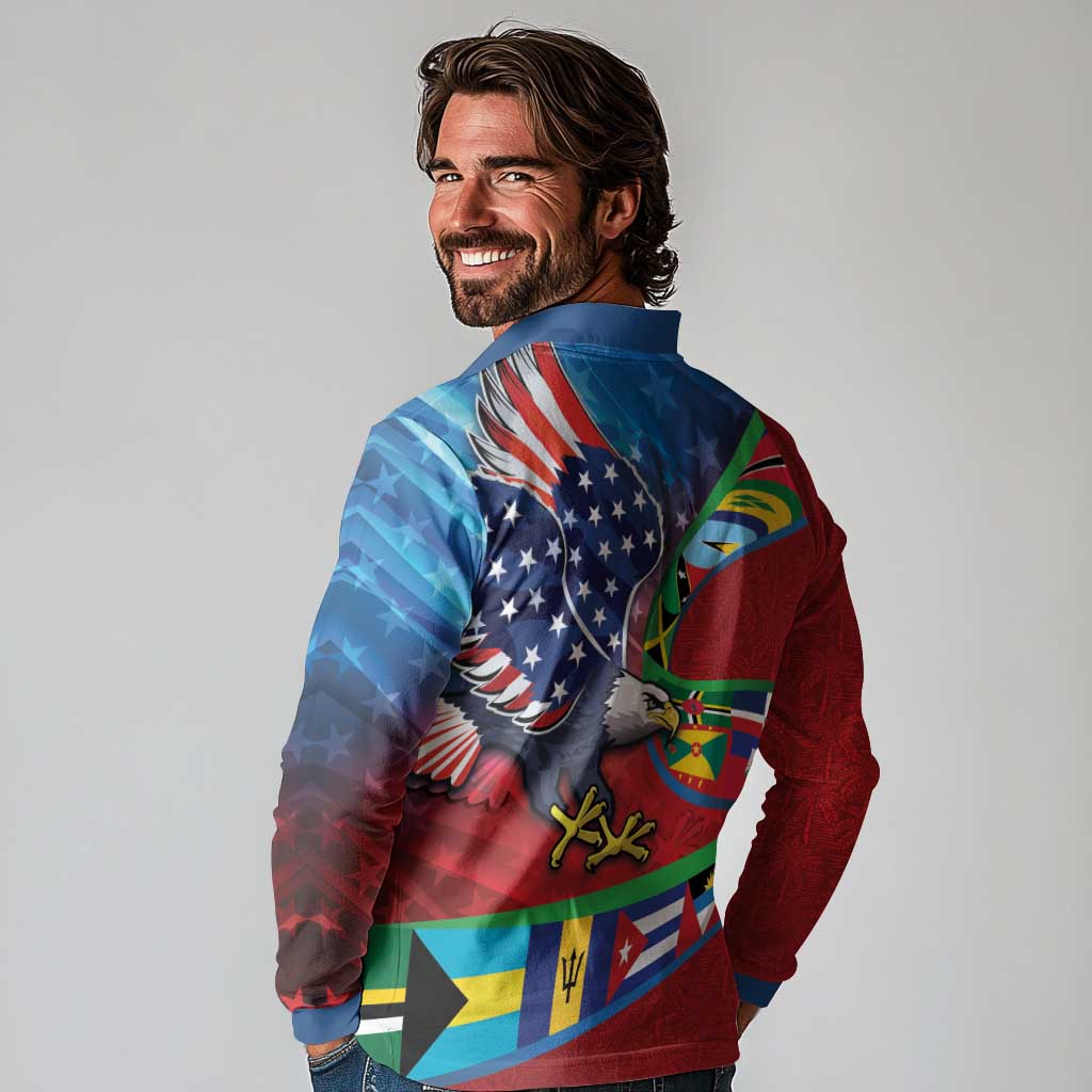Caribbean-American Heritage Month Long Sleeve Polo Shirt National Flags Ribbon Wave Style with US Flag Eagle - Wonder Print Shop