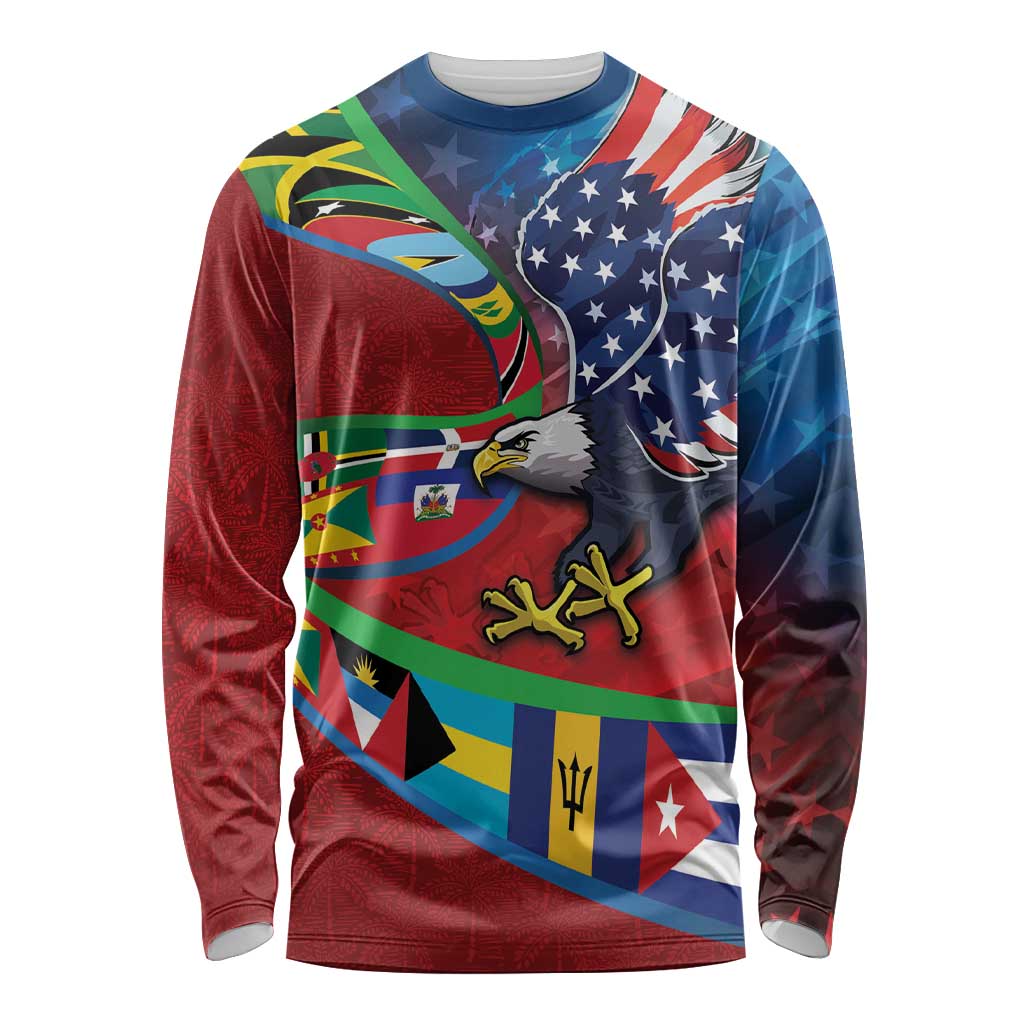 Caribbean-American Heritage Month Long Sleeve Shirt National Flags Ribbon Wave Style with US Flag Eagle - Wonder Print Shop