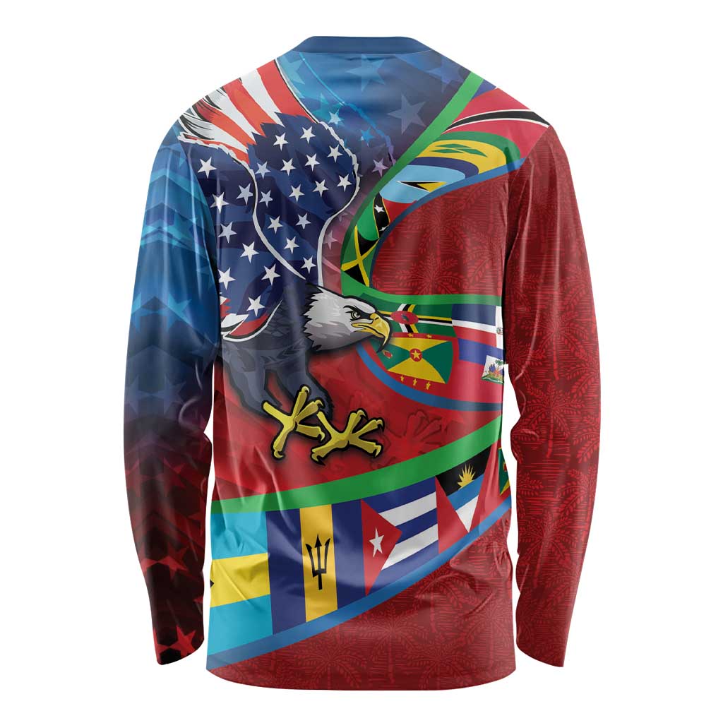 Caribbean-American Heritage Month Long Sleeve Shirt National Flags Ribbon Wave Style with US Flag Eagle - Wonder Print Shop