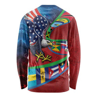 Caribbean-American Heritage Month Long Sleeve Shirt National Flags Ribbon Wave Style with US Flag Eagle - Wonder Print Shop