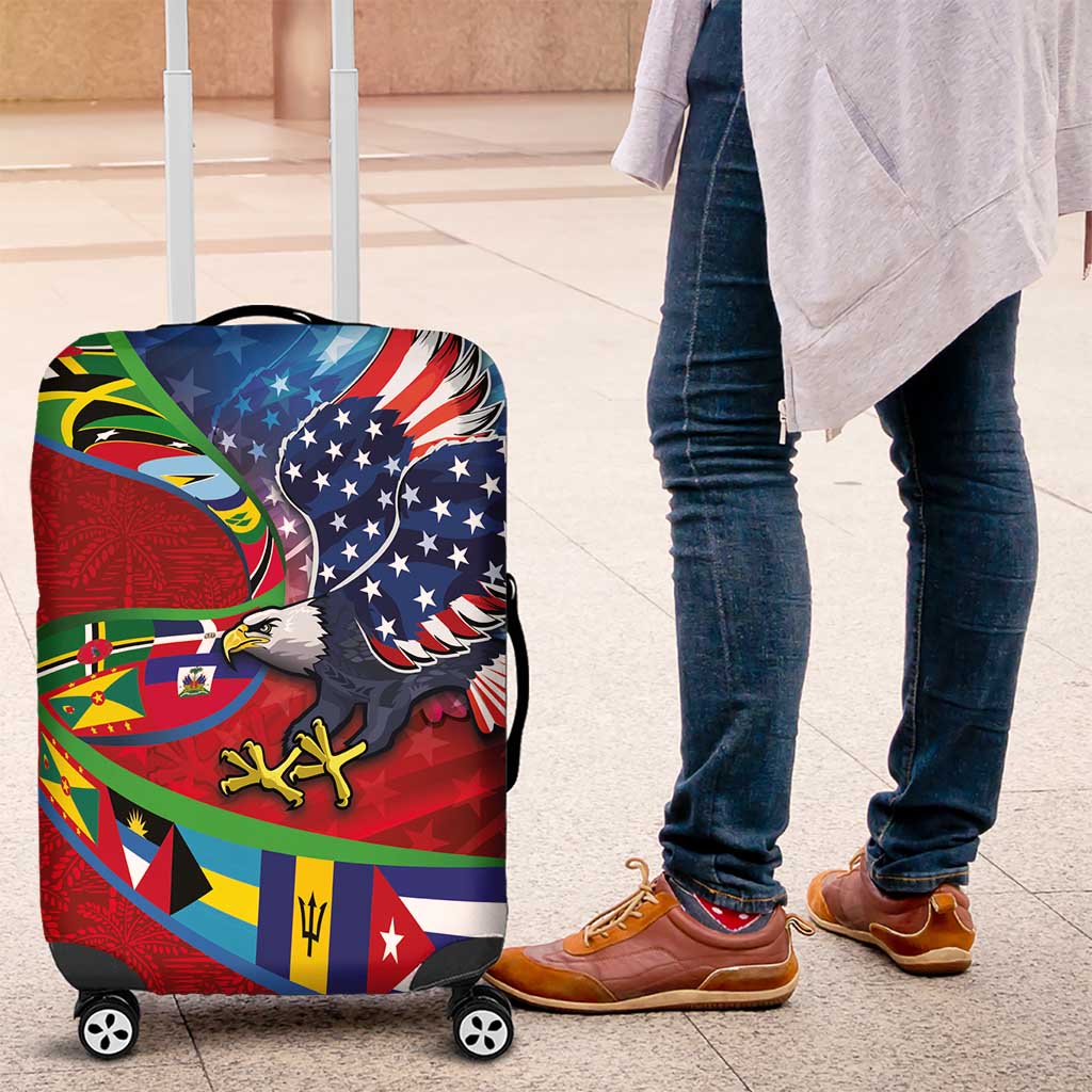 Caribbean-American Heritage Month Luggage Cover National Flags Ribbon Wave Style with US Flag Eagle - Wonder Print Shop