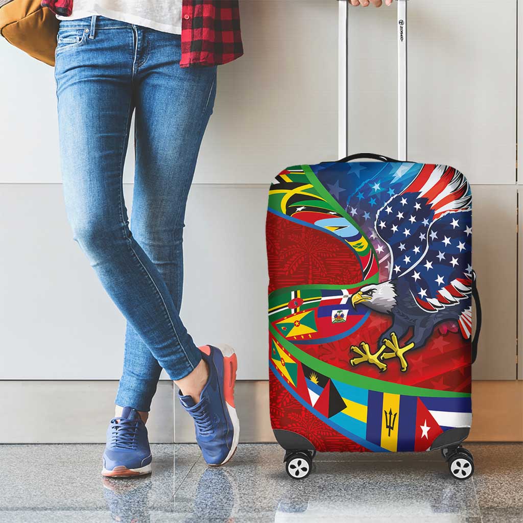 Caribbean-American Heritage Month Luggage Cover National Flags Ribbon Wave Style with US Flag Eagle - Wonder Print Shop
