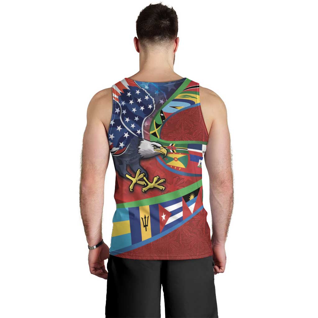 Caribbean-American Heritage Month Men Tank Top National Flags Ribbon Wave Style with US Flag Eagle - Wonder Print Shop