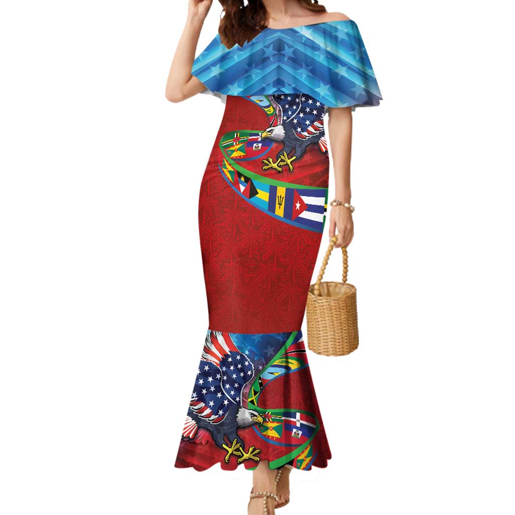 Caribbean-American Heritage Month Mermaid Dress National Flags Ribbon Wave Style with US Flag Eagle - Wonder Print Shop
