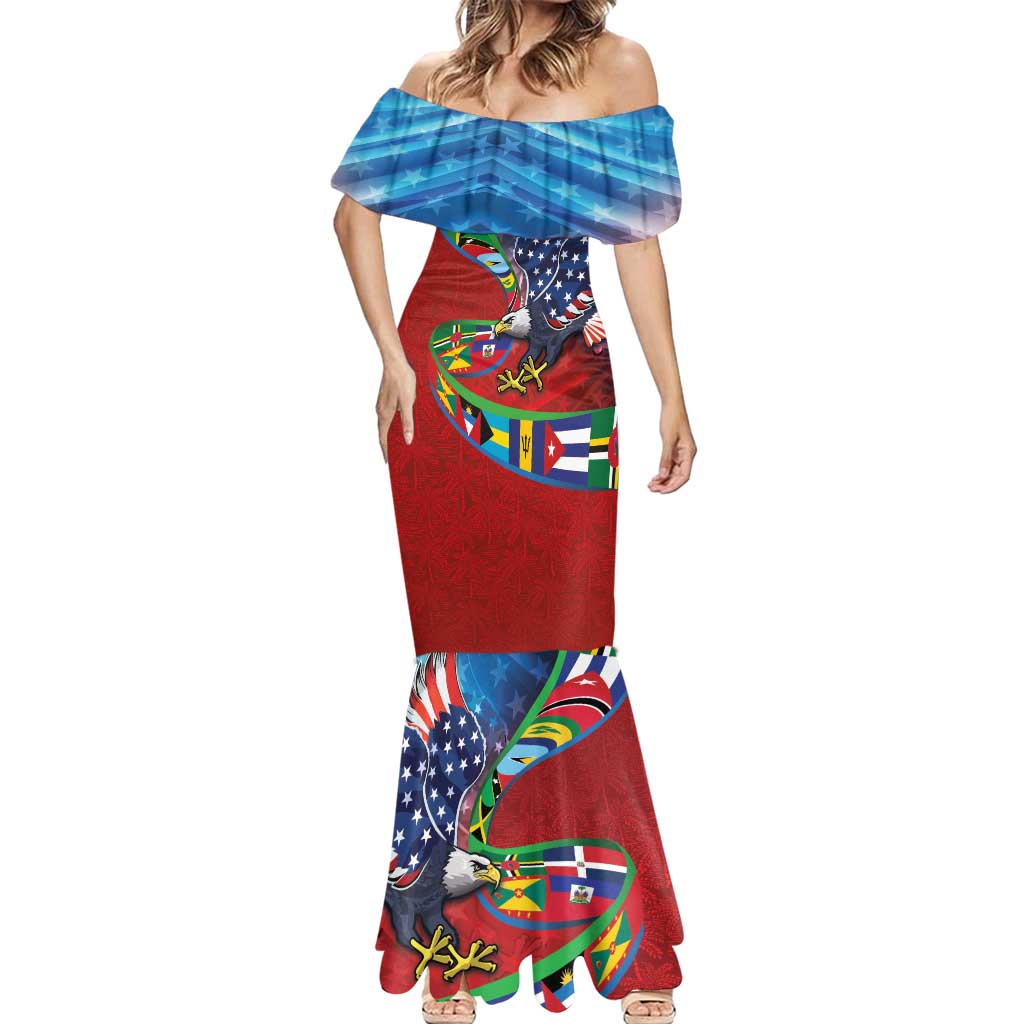 Caribbean-American Heritage Month Mermaid Dress National Flags Ribbon Wave Style with US Flag Eagle - Wonder Print Shop