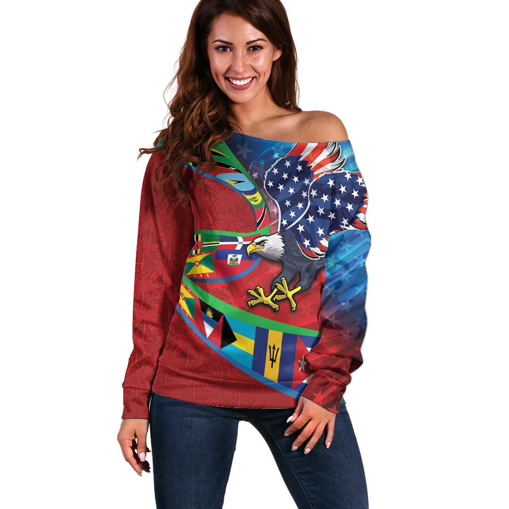 Caribbean-American Heritage Month Off Shoulder Sweater National Flags Ribbon Wave Style with US Flag Eagle - Wonder Print Shop