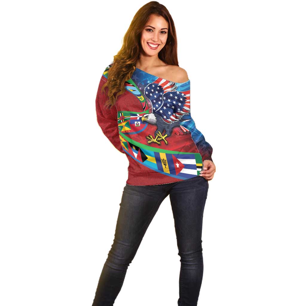 Caribbean-American Heritage Month Off Shoulder Sweater National Flags Ribbon Wave Style with US Flag Eagle - Wonder Print Shop