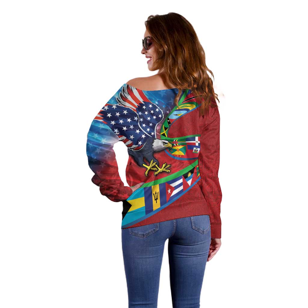 Caribbean-American Heritage Month Off Shoulder Sweater National Flags Ribbon Wave Style with US Flag Eagle - Wonder Print Shop