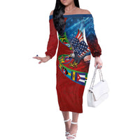 Caribbean-American Heritage Month Off The Shoulder Long Sleeve Dress National Flags Ribbon Wave Style with US Flag Eagle - Wonder Print Shop