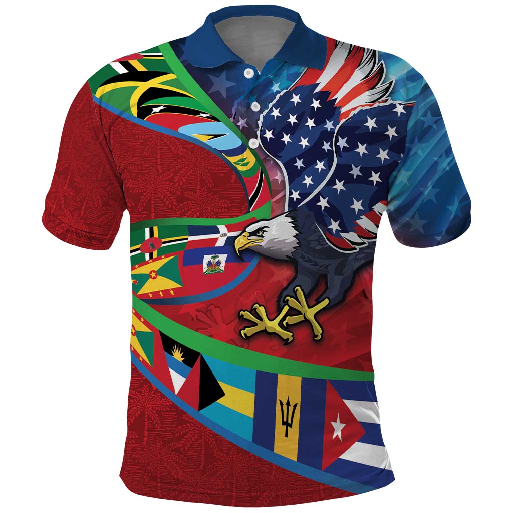 Caribbean-American Heritage Month Polo Shirt National Flags Ribbon Wave Style with US Flag Eagle - Wonder Print Shop