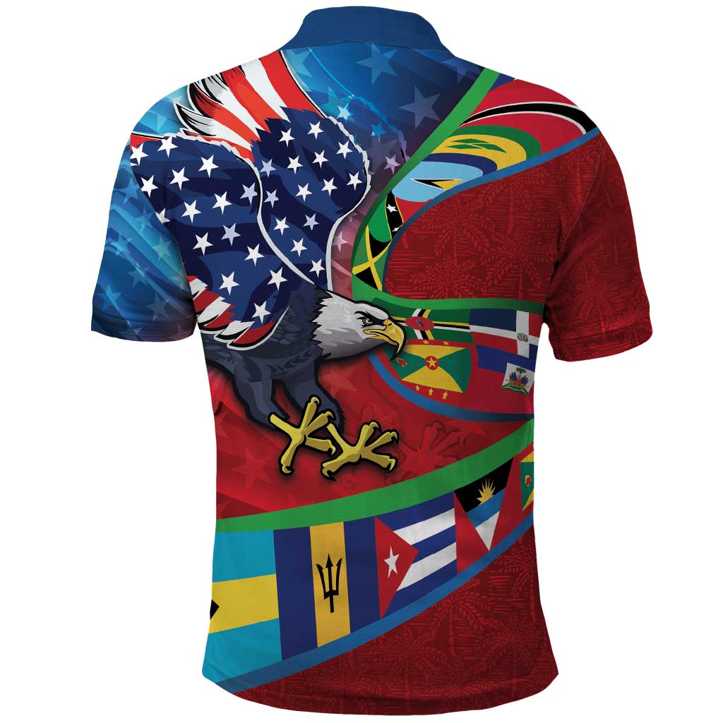 Caribbean-American Heritage Month Polo Shirt National Flags Ribbon Wave Style with US Flag Eagle - Wonder Print Shop