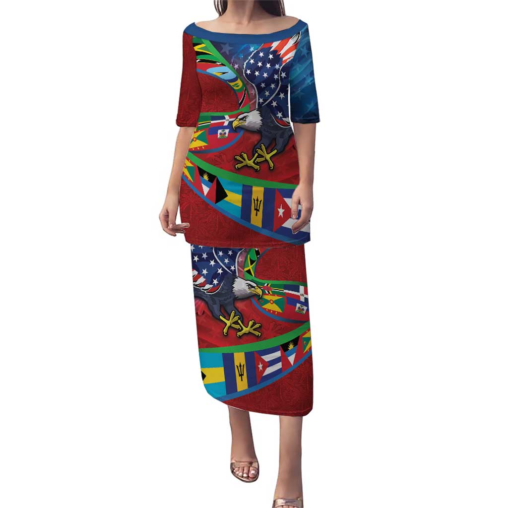 Caribbean-American Heritage Month Puletasi National Flags Ribbon Wave Style with US Flag Eagle - Wonder Print Shop