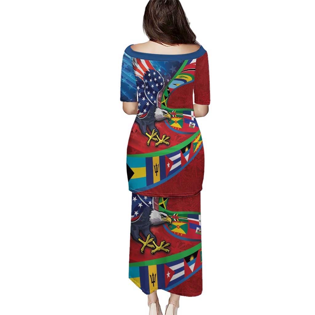 Caribbean-American Heritage Month Puletasi National Flags Ribbon Wave Style with US Flag Eagle - Wonder Print Shop