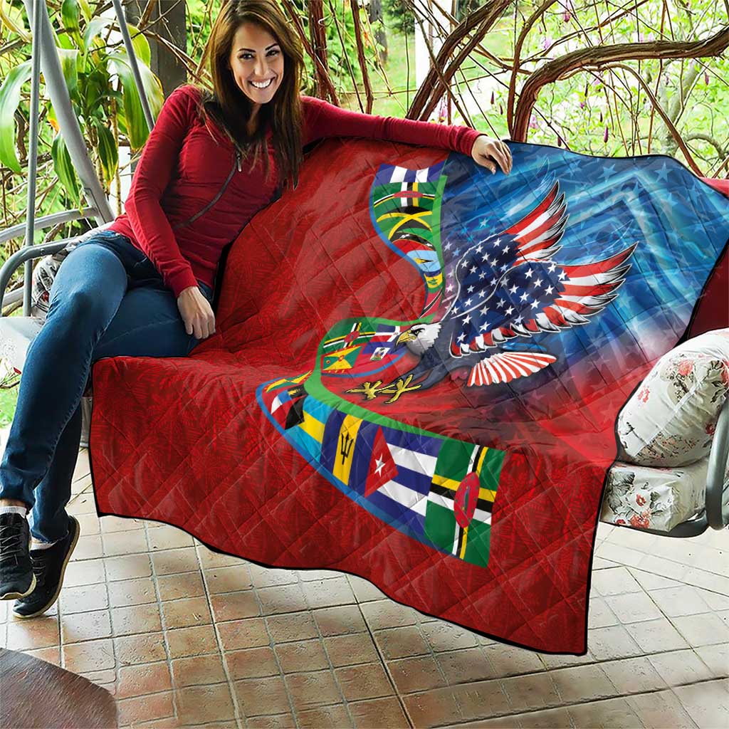 Caribbean-American Heritage Month Quilt National Flags Ribbon Wave Style with US Flag Eagle - Wonder Print Shop