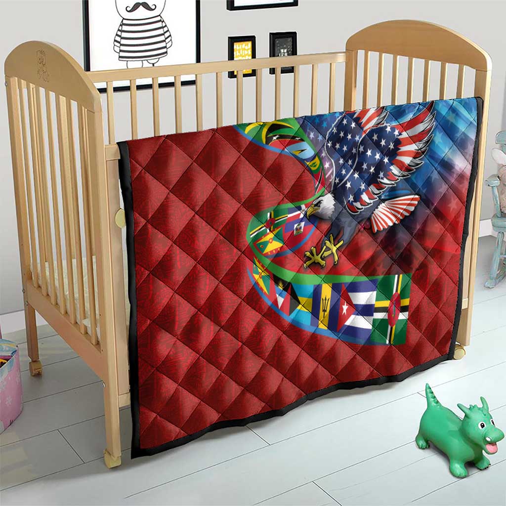 Caribbean-American Heritage Month Quilt National Flags Ribbon Wave Style with US Flag Eagle - Wonder Print Shop