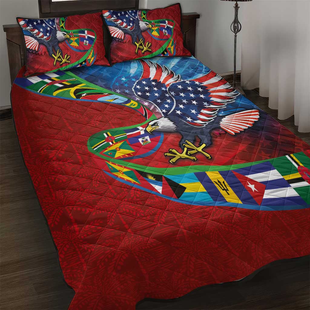 Caribbean-American Heritage Month Quilt Bed Set National Flags Ribbon Wave Style with US Flag Eagle - Wonder Print Shop