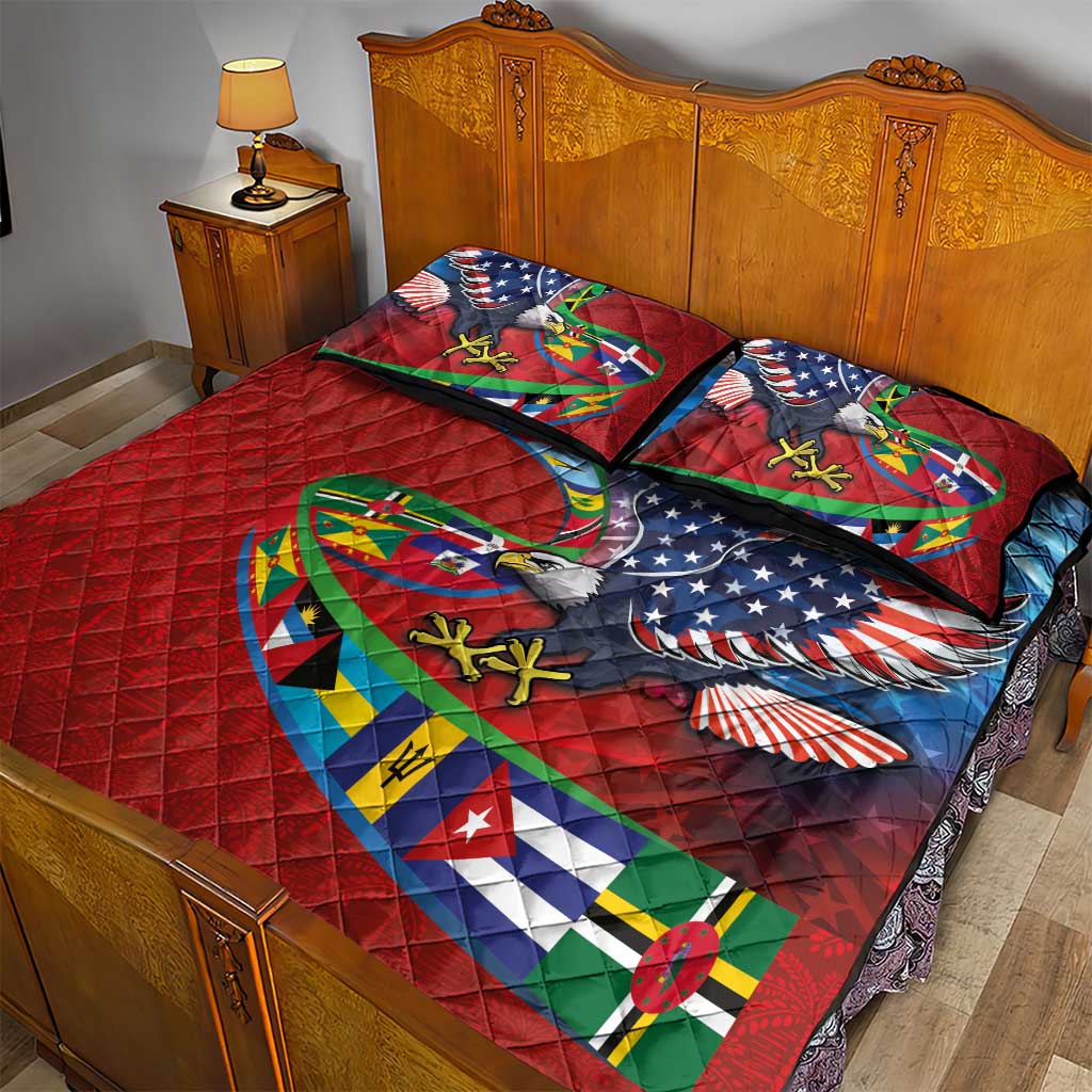 Caribbean-American Heritage Month Quilt Bed Set National Flags Ribbon Wave Style with US Flag Eagle - Wonder Print Shop