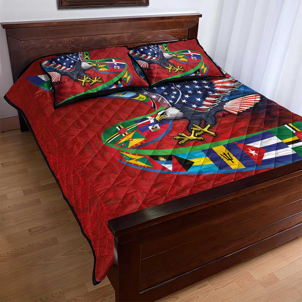 Caribbean-American Heritage Month Quilt Bed Set National Flags Ribbon Wave Style with US Flag Eagle - Wonder Print Shop