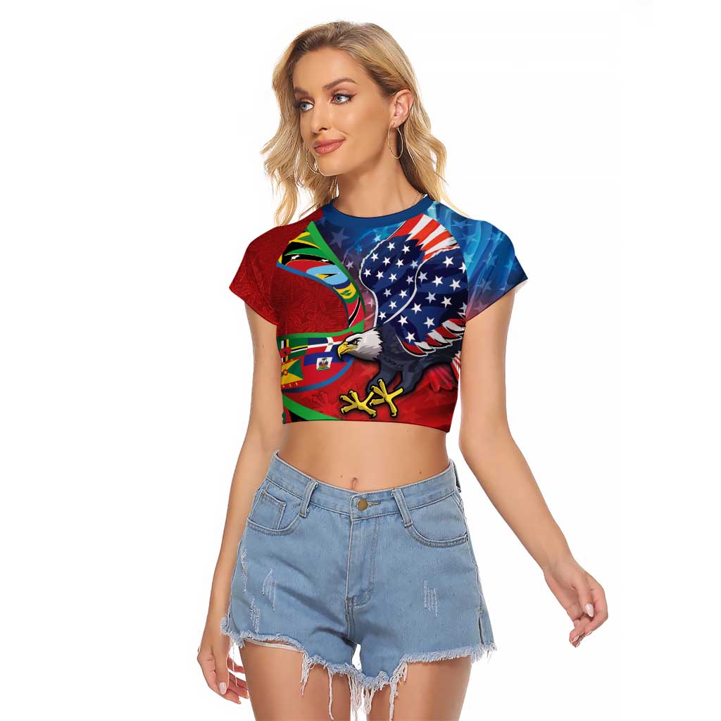 Caribbean-American Heritage Month Raglan Cropped T Shirt National Flags Ribbon Wave Style with US Flag Eagle - Wonder Print Shop