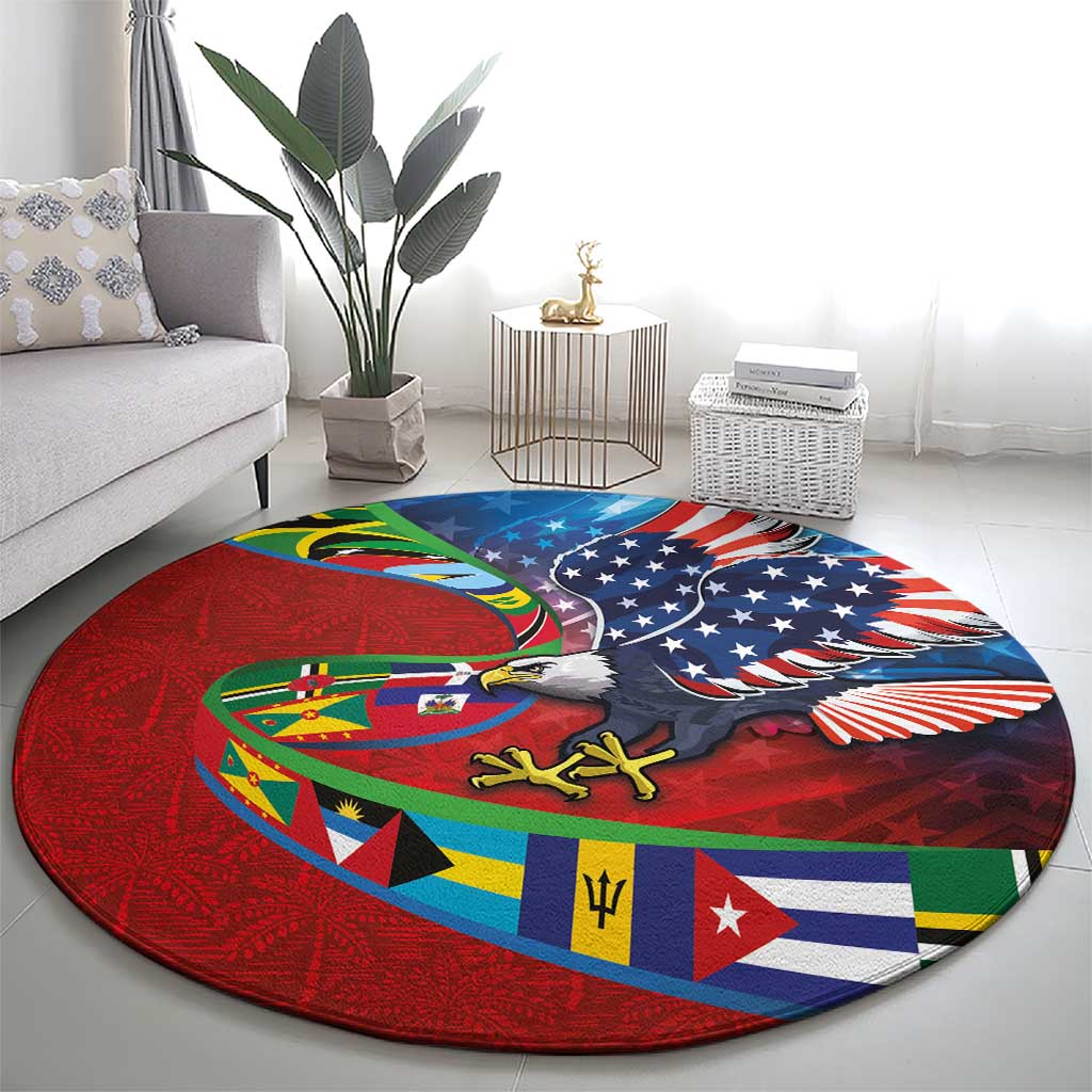 Caribbean-American Heritage Month Round Carpet National Flags Ribbon Wave Style with US Flag Eagle - Wonder Print Shop