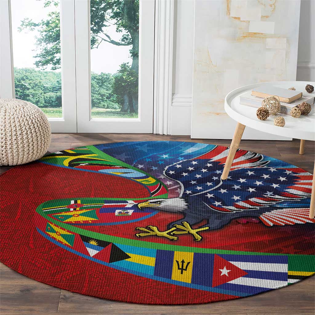 Caribbean-American Heritage Month Round Carpet National Flags Ribbon Wave Style with US Flag Eagle - Wonder Print Shop